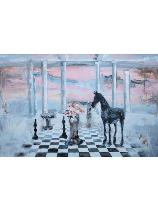 Oil Painting, Textured Panel, Home Decor, Classic Art, Fine Art, Provejs London, Aivis Provejs, Art, Painting, horse ,chess, game, peonies, pink, grey