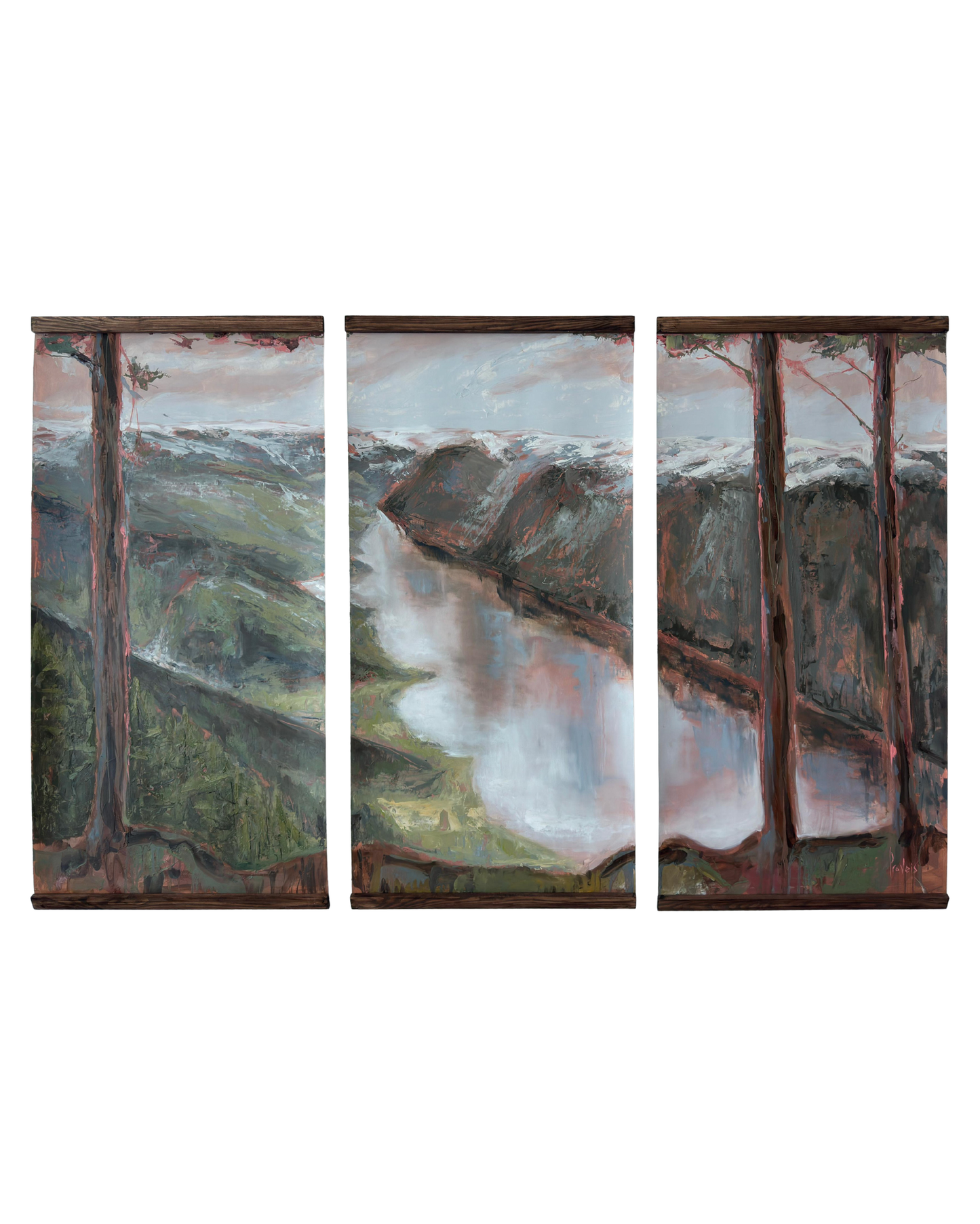 Commissioned Scandinavian landscape triptych painting by Aivis Provejs featuring mountains, river valleys and forest scenery, displayed in a contemporary living room.