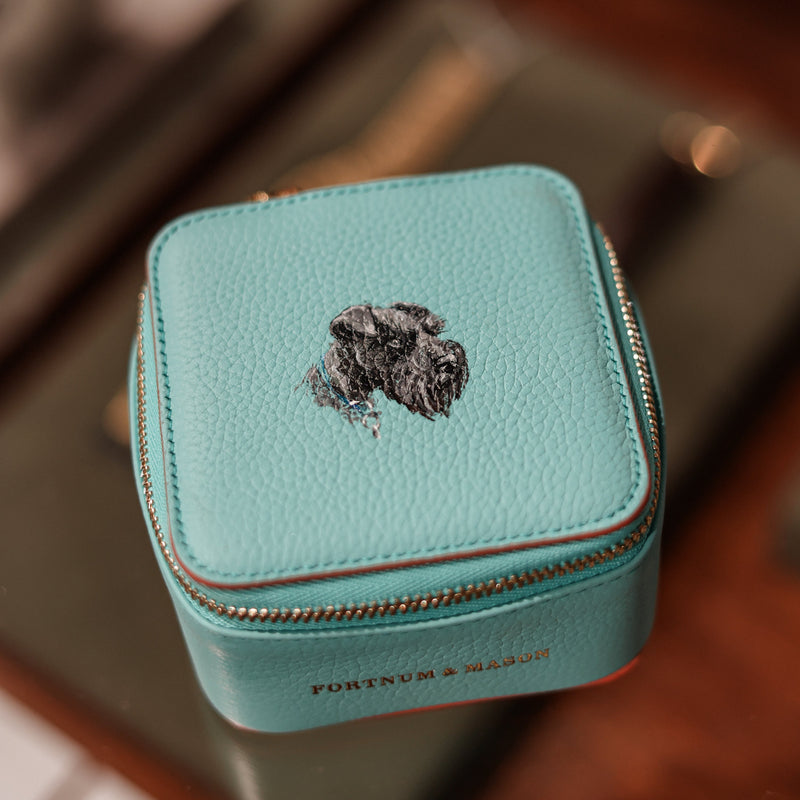 Fortnum & Mason leather jewellery case featuring a hand-painted pet portrait, showcasing bespoke luxury leather personalisation by Aivis Provejs.