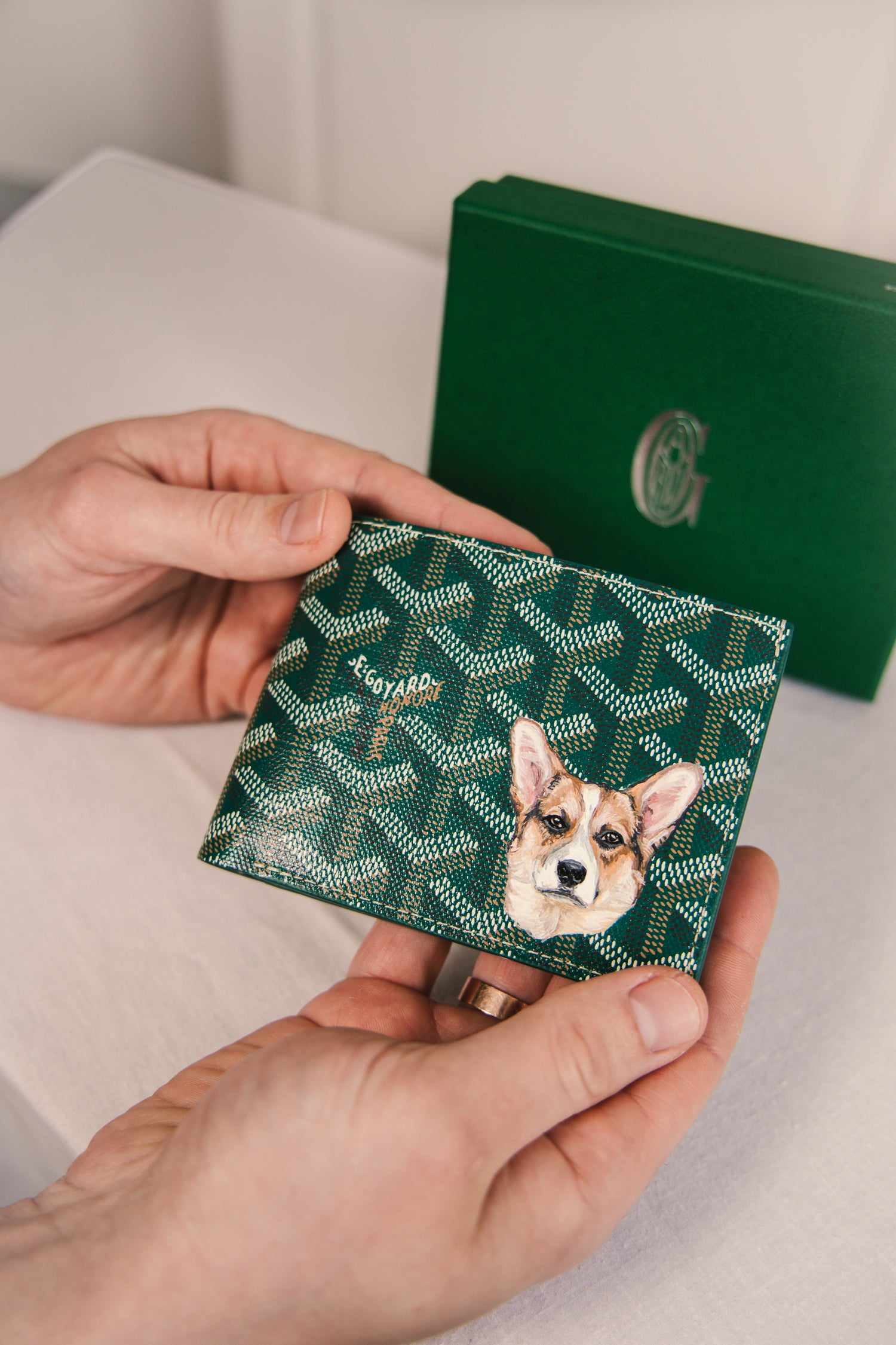 Hand-painted Goyard wallet personalised with a custom pet portrait by Aivis Provejs
