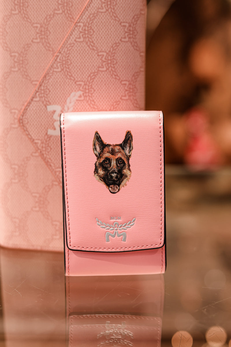 MCM leather card holder featuring a hand-painted German Shepherd pet portrait, showcasing bespoke luxury leather personalisation by Aivis Provejs.
