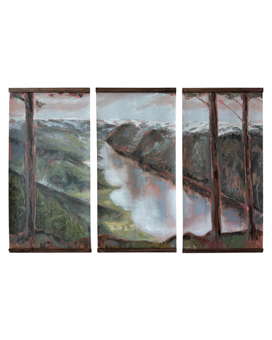 Commissioned Scandinavian landscape triptych painting by Aivis Provejs featuring mountains, river valleys and forest scenery, displayed in a contemporary living room.