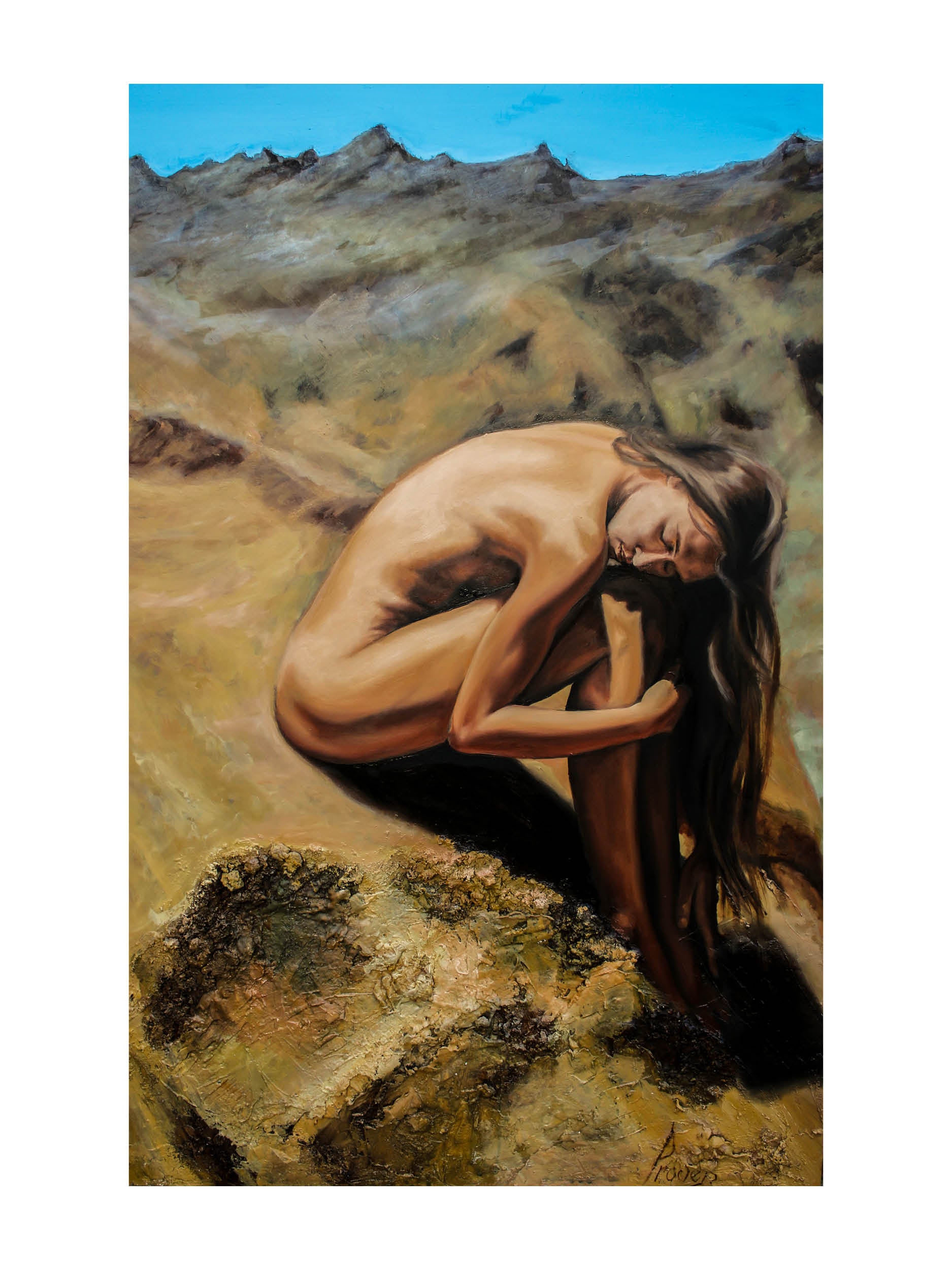 Female painting, desert, nude, naked, woman, blue sky, oil on board, texture, aivis provejs, art