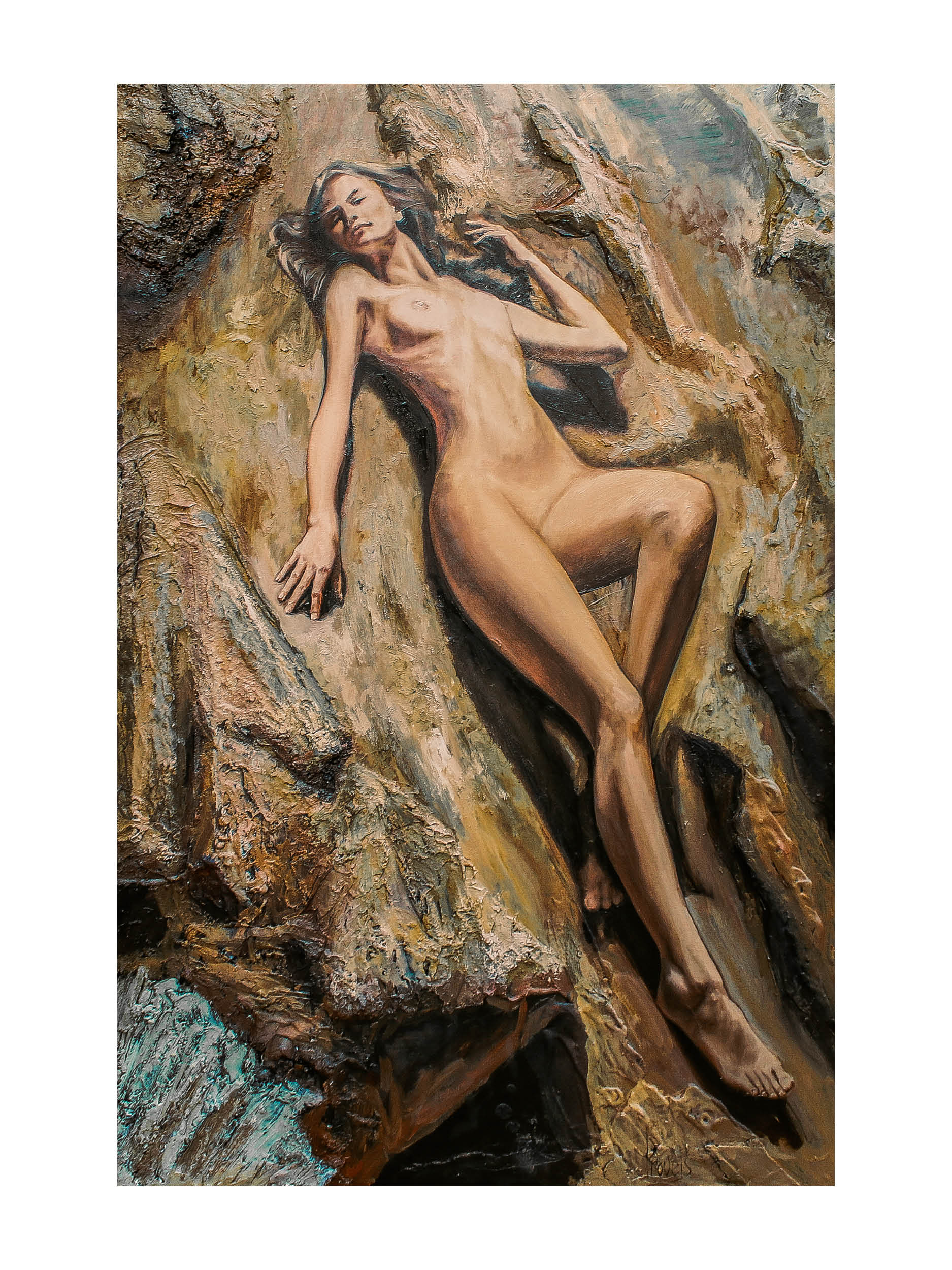 Female painting, desert, nude, naked, woman, blue sky, oil on board, texture, aivis provejs, art